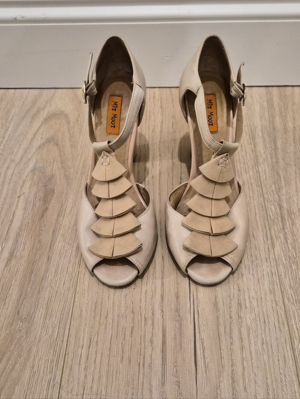 Miz Mooz Cream Tiered Peep-Toe Ankle Strap Heels